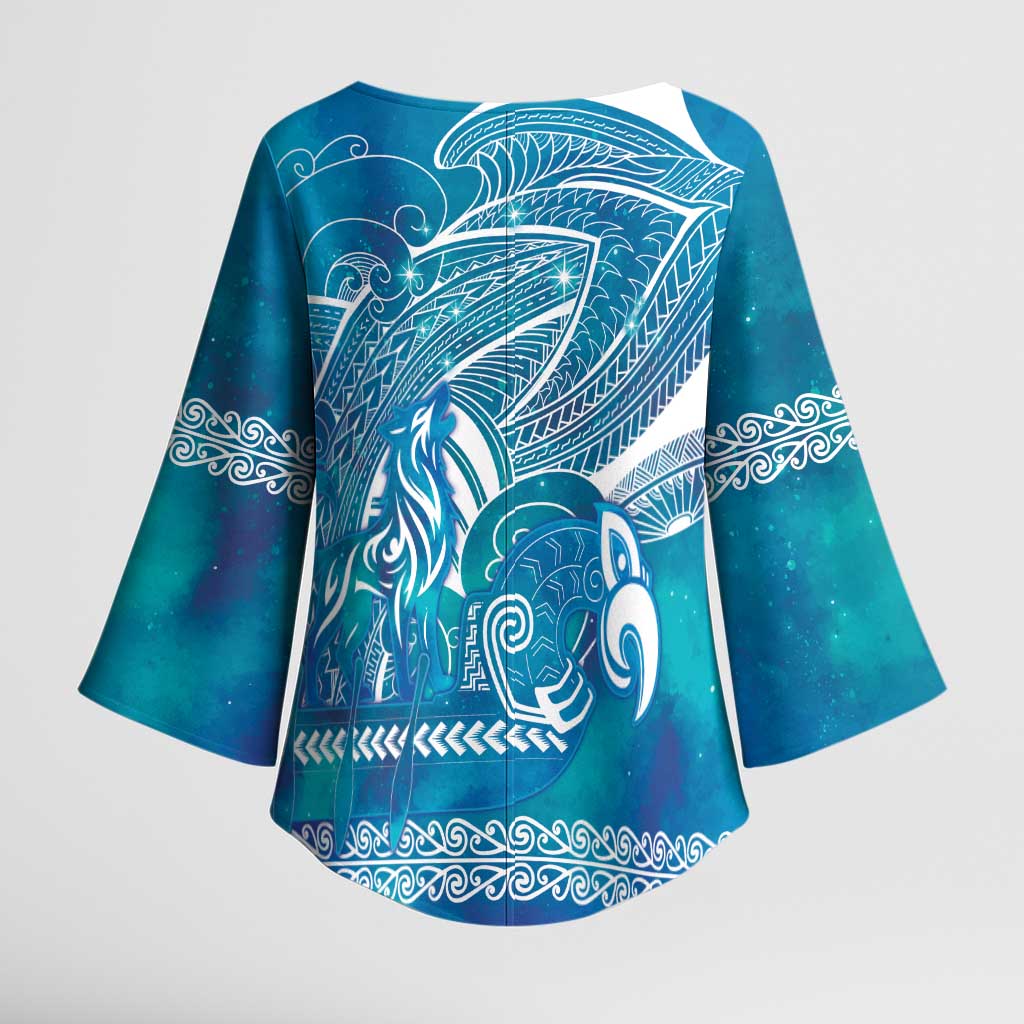 Kuri Dog Waka New Zealand Matariki Kimono Sleeve Blouse Ocean Sharks Maori Tattoo