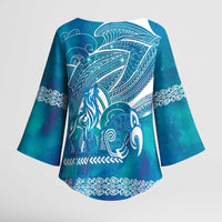 Kuri Dog Waka New Zealand Matariki Kimono Sleeve Blouse Ocean Sharks Maori Tattoo