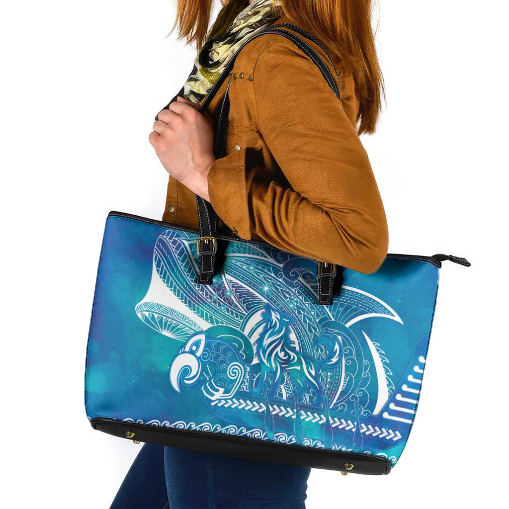 Kuri Dog Waka New Zealand Matariki Leather Tote Bag Ocean Sharks Maori Tattoo LT14 Blue - Polynesian Pride