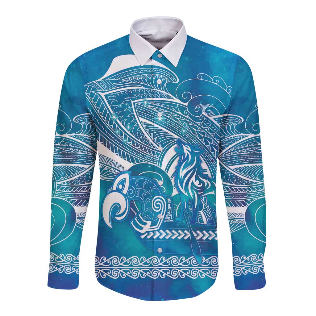 Kuri Dog Waka New Zealand Matariki Long Sleeve Button Shirt Ocean Sharks Maori Tattoo