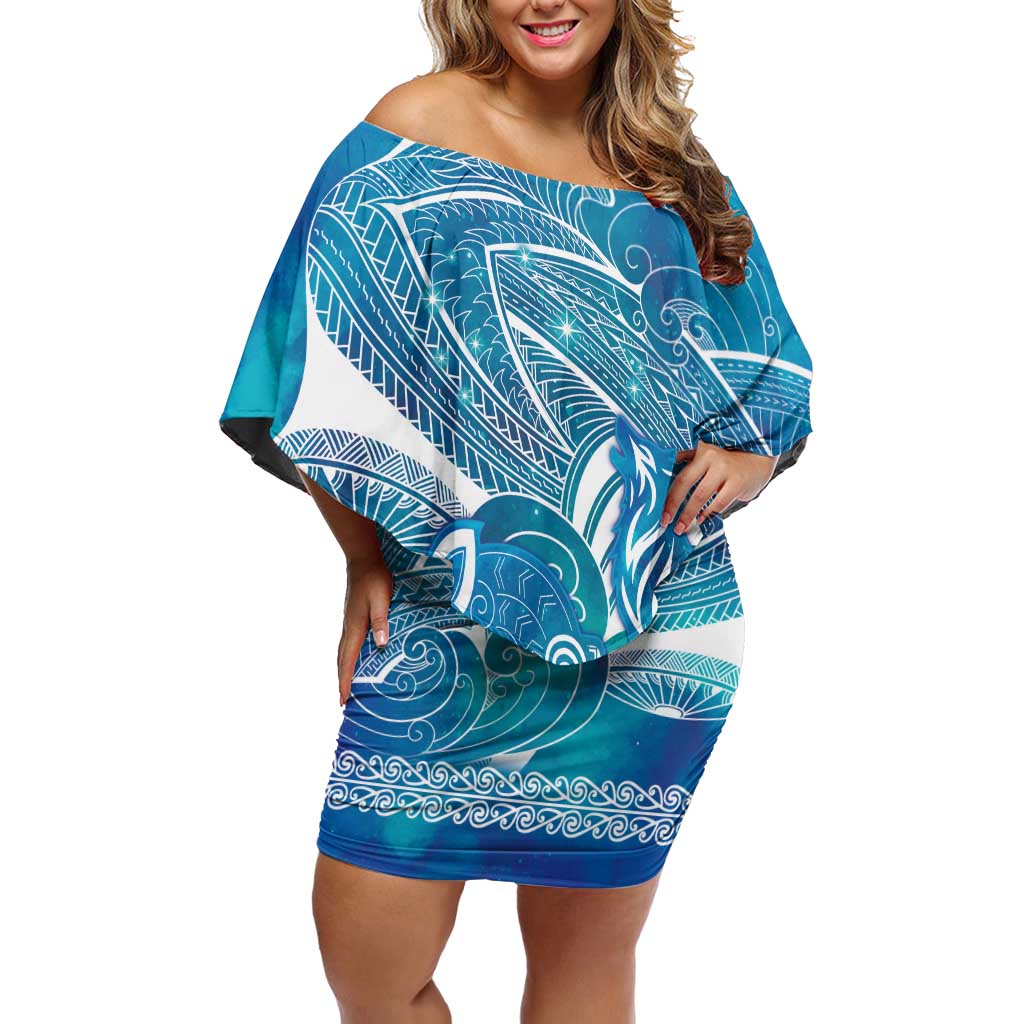 Kuri Dog Waka New Zealand Matariki Off Shoulder Short Dress Ocean Sharks Maori Tattoo
