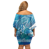 Kuri Dog Waka New Zealand Matariki Off Shoulder Short Dress Ocean Sharks Maori Tattoo