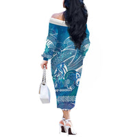 Kuri Dog Waka New Zealand Matariki Off The Shoulder Long Sleeve Dress Ocean Sharks Maori Tattoo