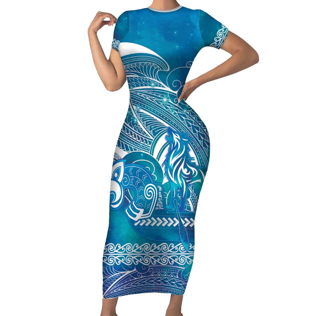 Kuri Dog Waka New Zealand Matariki Short Sleeve Bodycon Dress Ocean Sharks Maori Tattoo