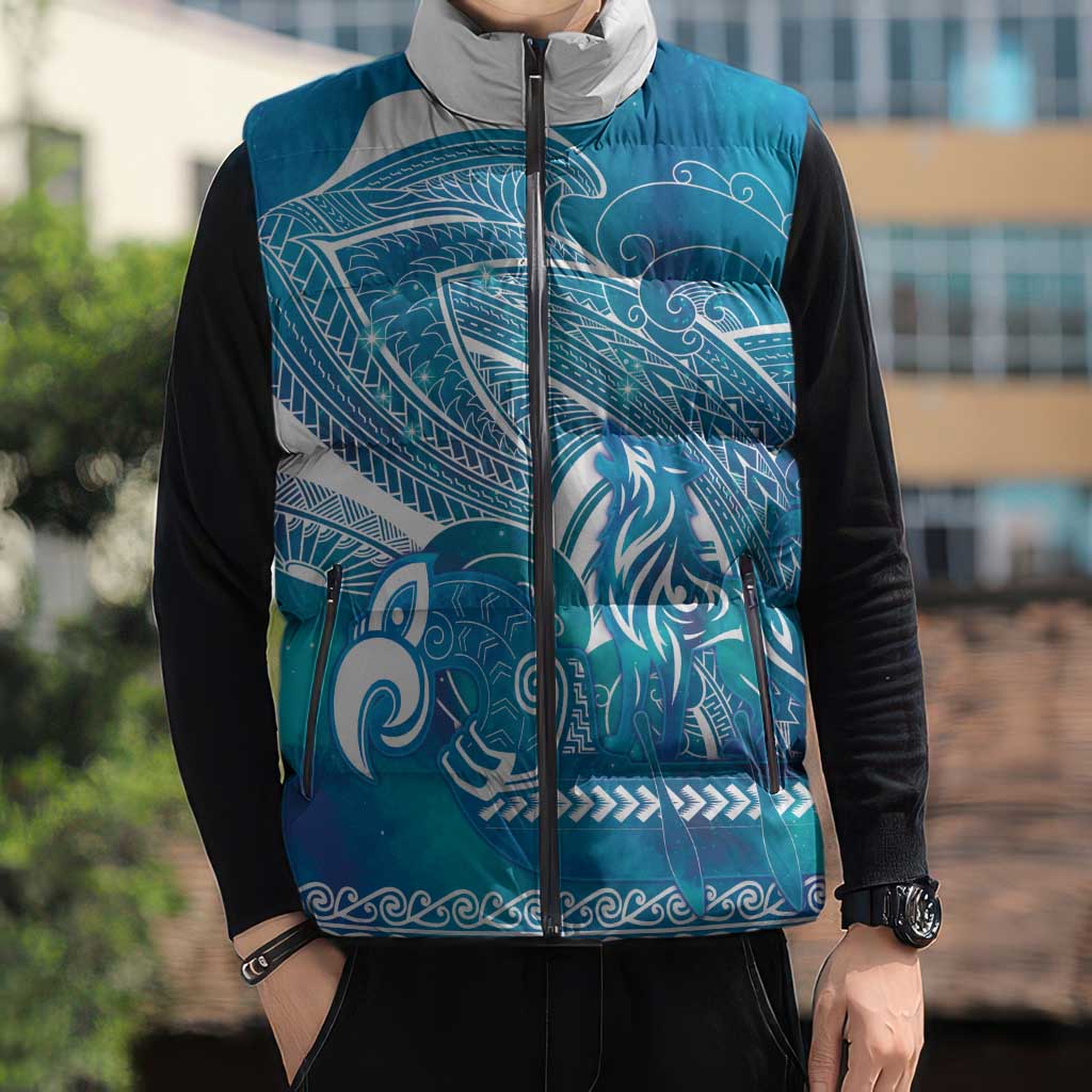 Kuri Dog Waka New Zealand Matariki Sleeveless Puffer Jacket Ocean Sharks Maori Tattoo LT14 - Polynesian Pride