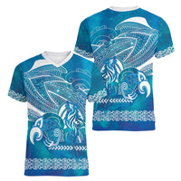 Kuri Dog Waka New Zealand Matariki Women V-Neck T-Shirt Ocean Sharks Maori Tattoo
