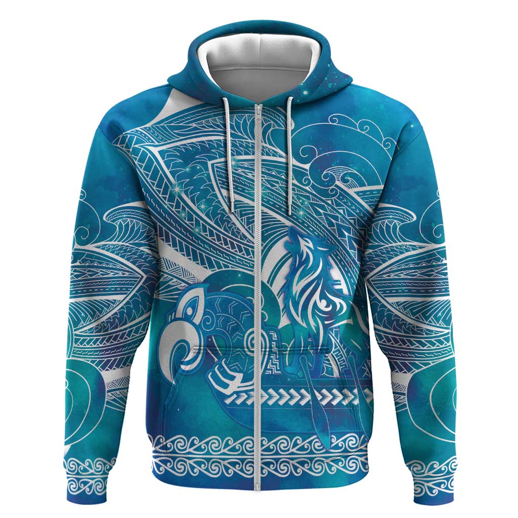 Kuri Dog Waka New Zealand Matariki Zip Hoodie Ocean Sharks Maori Tattoo
