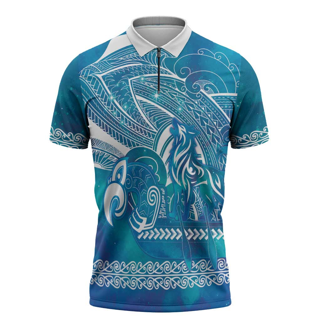 Kuri Dog Waka New Zealand Matariki Zipper Polo Shirt Ocean Sharks Maori Tattoo LT14 Blue - Polynesian Pride