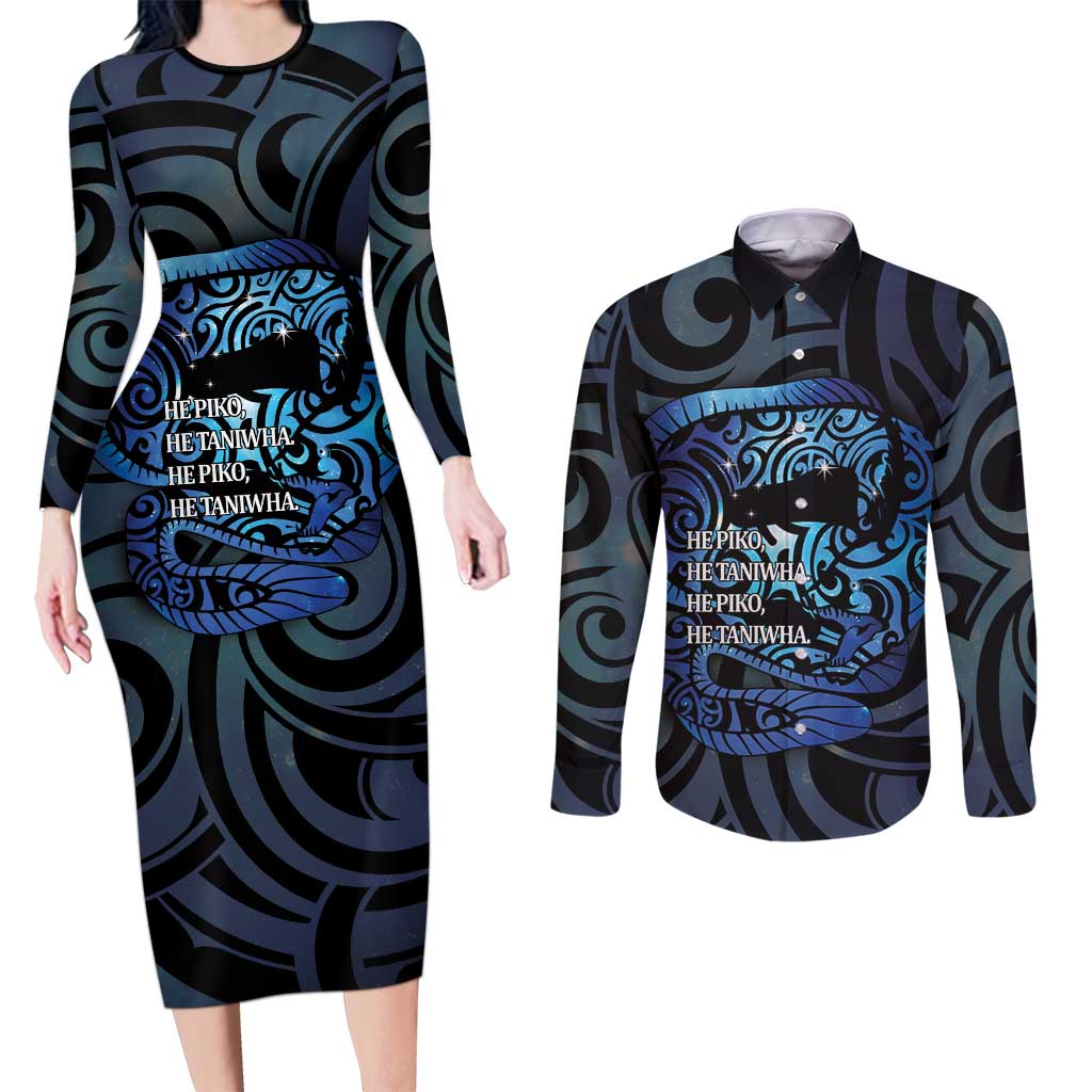 Tuna Eel New Zealand Matariki Couples Matching Long Sleeve Bodycon Dress and Long Sleeve Button Shirt He Piko He Taniwha Maori Pattern LT14 Purple - Polynesian Pride