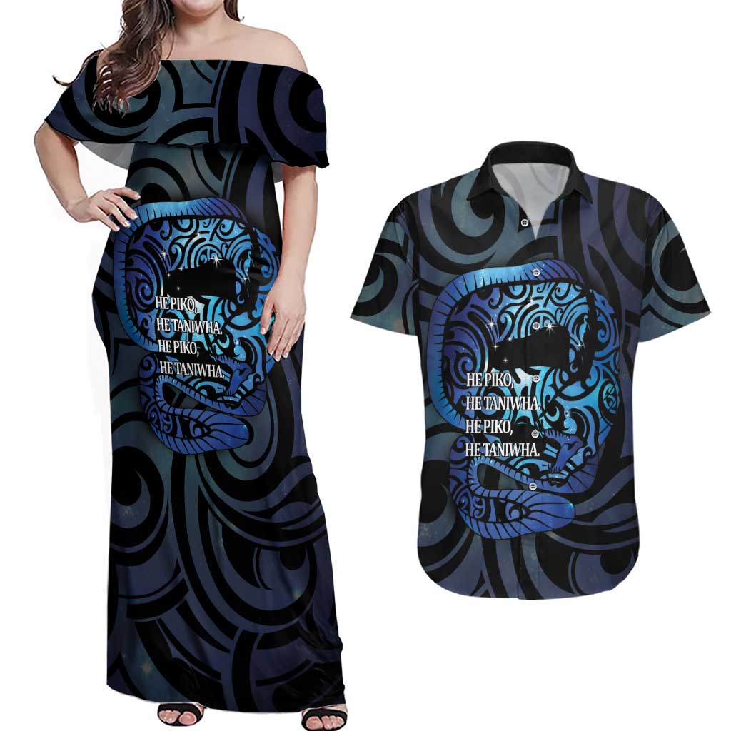 Tuna Eel New Zealand Matariki Couples Matching Off Shoulder Maxi Dress and Hawaiian Shirt He Piko He Taniwha Maori Pattern LT14 Purple - Polynesian Pride