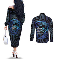 Tuna Eel New Zealand Matariki Couples Matching Off The Shoulder Long Sleeve Dress and Long Sleeve Button Shirt He Piko He Taniwha Maori Pattern