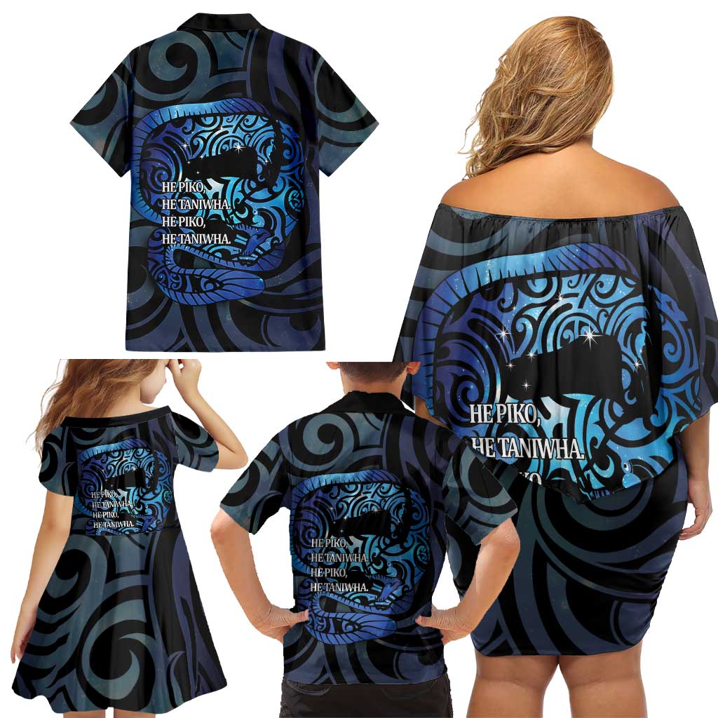 Tuna Eel New Zealand Matariki Family Matching Off Shoulder Short Dress and Hawaiian Shirt He Piko He Taniwha Maori Pattern