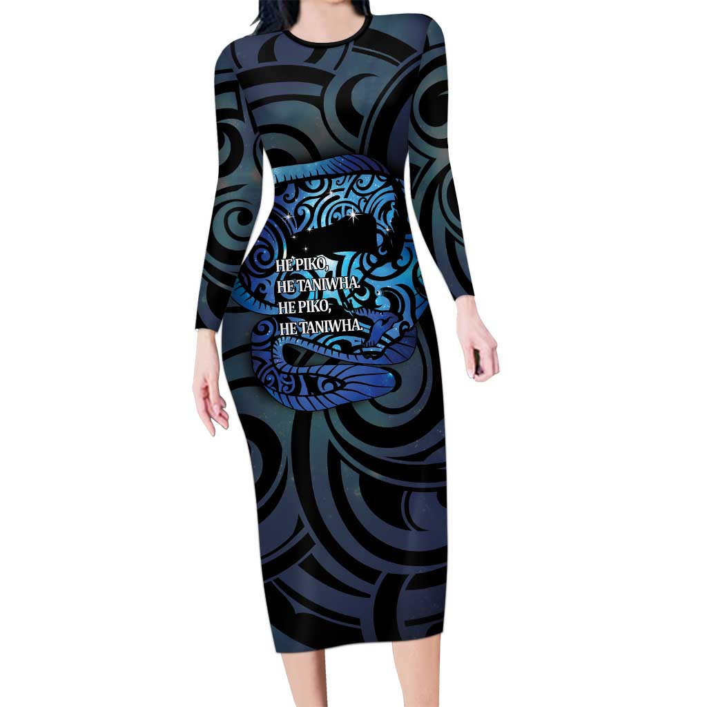 Tuna Eel New Zealand Matariki Long Sleeve Bodycon Dress He Piko He Taniwha Maori Pattern LT14 Long Dress Purple - Polynesian Pride