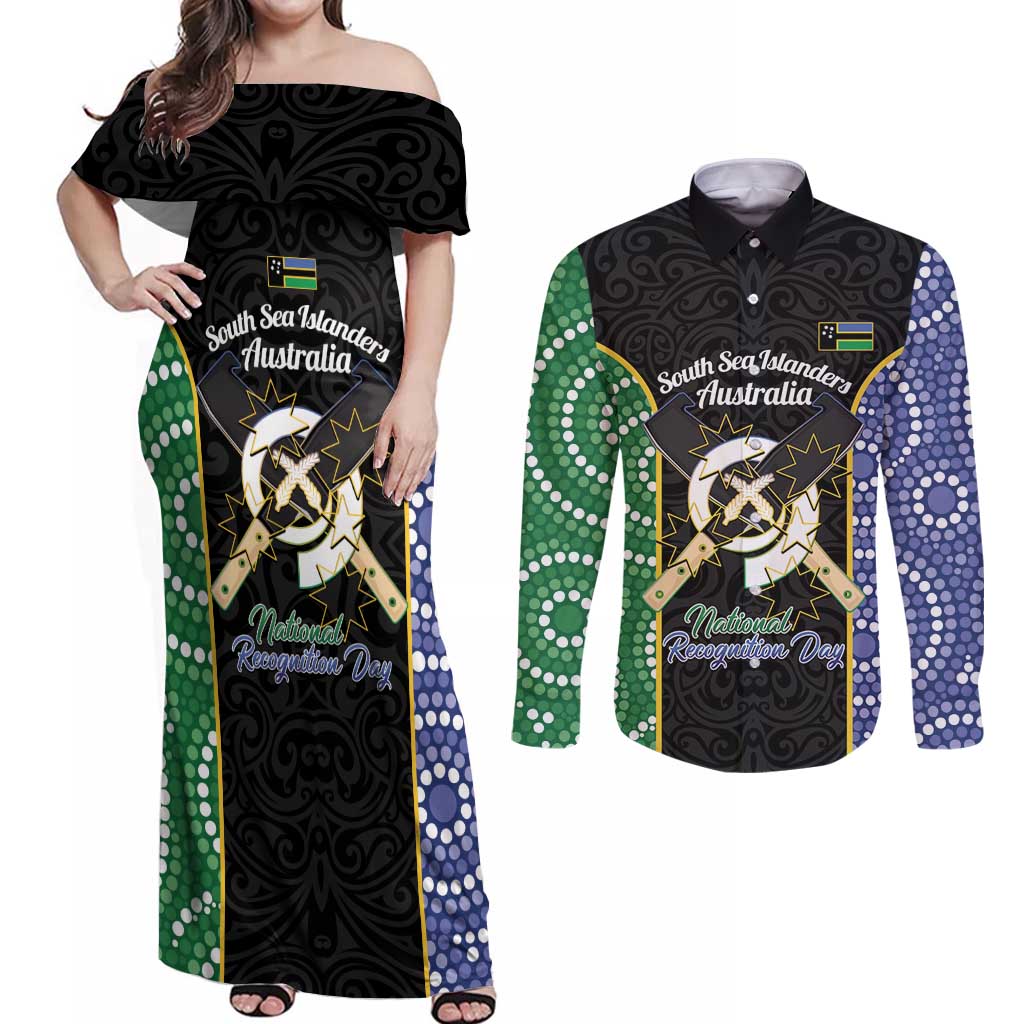 Personalised South Sea Islanders National Recognition Day Couples Matching Off Shoulder Maxi Dress and Long Sleeve Button Shirt Australia Aboriginal Vanuatu Pig Tusk LT14 Black - Polynesian Pride