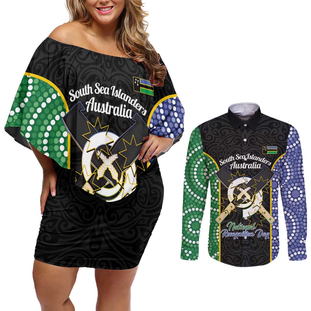 Personalised South Sea Islanders National Recognition Day Couples Matching Off Shoulder Short Dress and Long Sleeve Button Shirt Australia Aboriginal Vanuatu Pig Tusk LT14 Black - Polynesian Pride