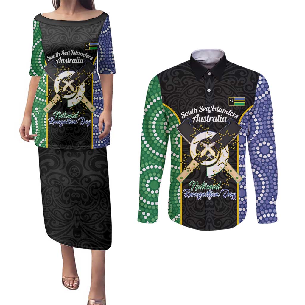 Personalised South Sea Islanders National Recognition Day Couples Matching Puletasi and Long Sleeve Button Shirt Australia Aboriginal Vanuatu Pig Tusk LT14 Black - Polynesian Pride