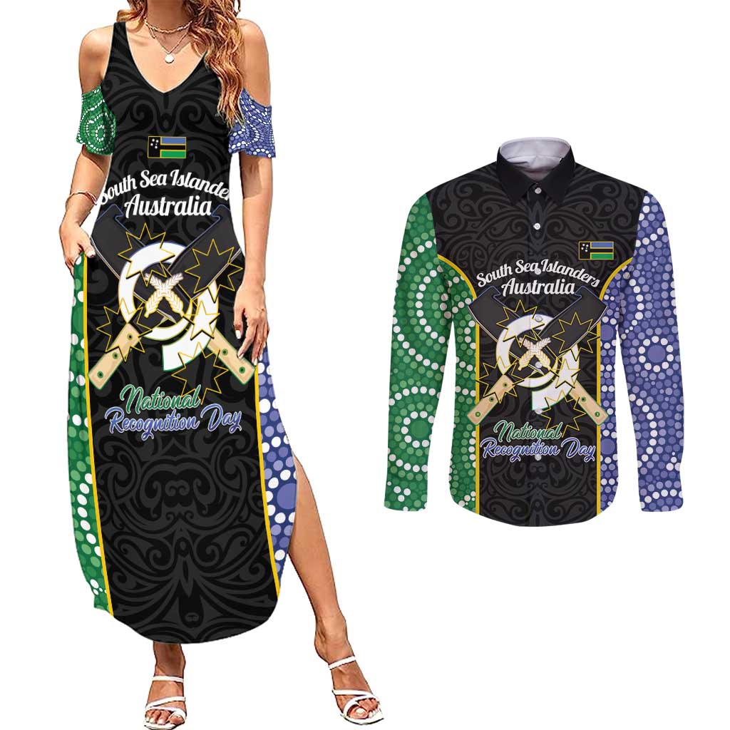 Personalised South Sea Islanders National Recognition Day Couples Matching Summer Maxi Dress and Long Sleeve Button Shirt Australia Aboriginal Vanuatu Pig Tusk LT14 Black - Polynesian Pride