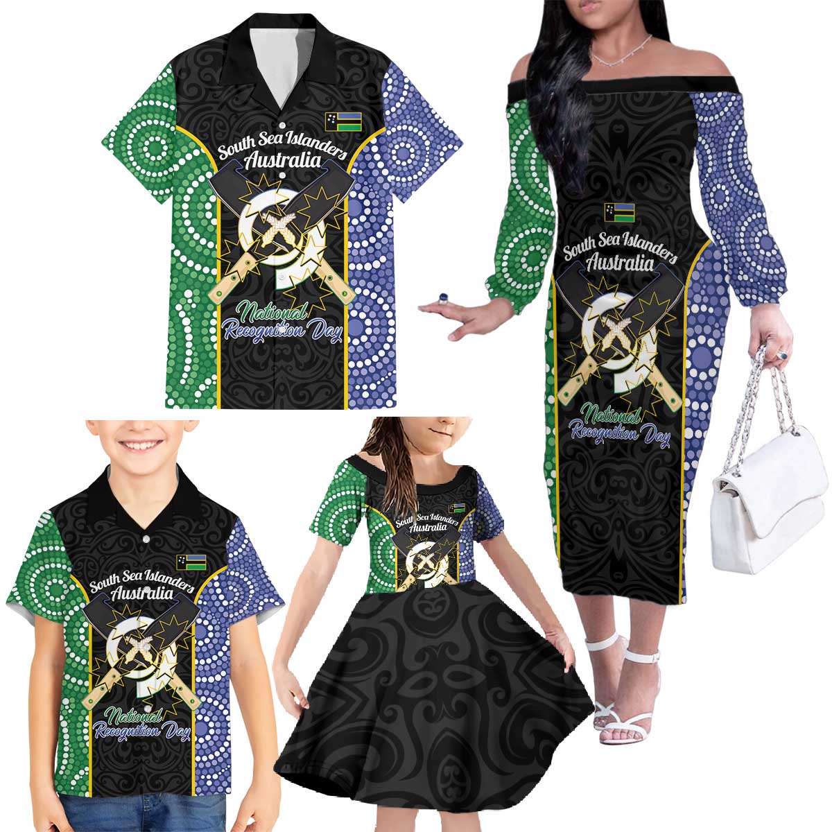 Personalised South Sea Islanders National Recognition Day Family Matching Off The Shoulder Long Sleeve Dress and Hawaiian Shirt Australia Aboriginal Vanuatu Pig Tusk LT14 - Polynesian Pride
