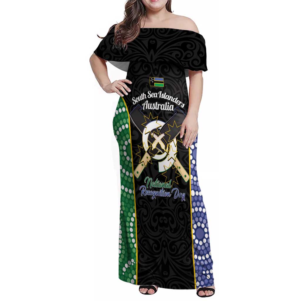 Personalised South Sea Islanders National Recognition Day Family Matching Off Shoulder Maxi Dress and Hawaiian Shirt Australia Aboriginal Vanuatu Pig Tusk