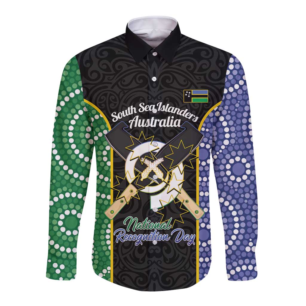 Personalised South Sea Islanders National Recognition Day Long Sleeve Button Shirt Australia Aboriginal Vanuatu Pig Tusk LT14 Unisex Black - Polynesian Pride