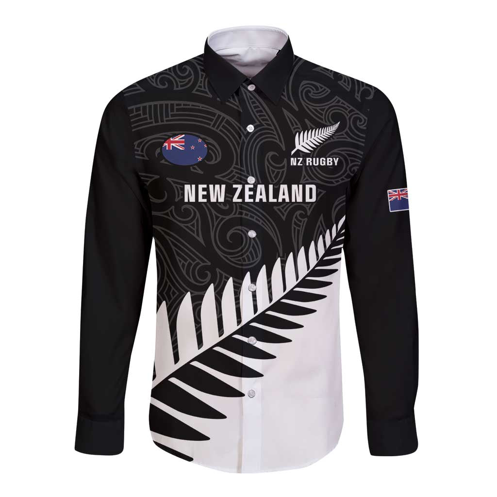 New Zealand Silver Fern Rugby Long Sleeve Button Shirt All Black Go Champions Maori Pattern LT14