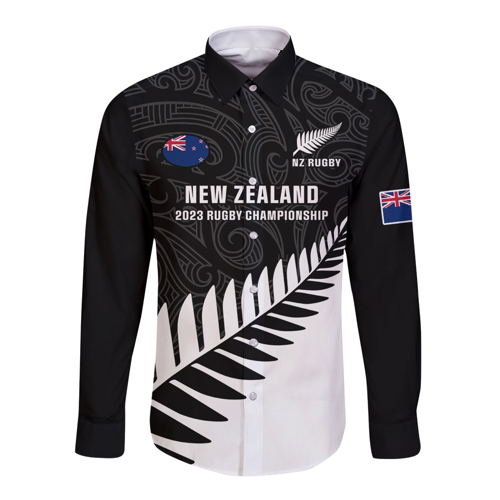 Personalised New Zealand Silver Fern Rugby Long Sleeve Button Shirt All Black 2023 Go Champions Maori Pattern LT14 Unisex Black - Polynesian Pride