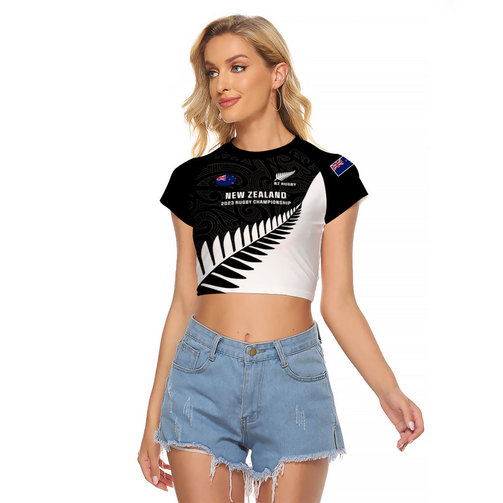 Personalised New Zealand Silver Fern Rugby Raglan Cropped T Shirt All Black 2023 Go Champions Maori Pattern LT14 Female Black - Polynesian Pride