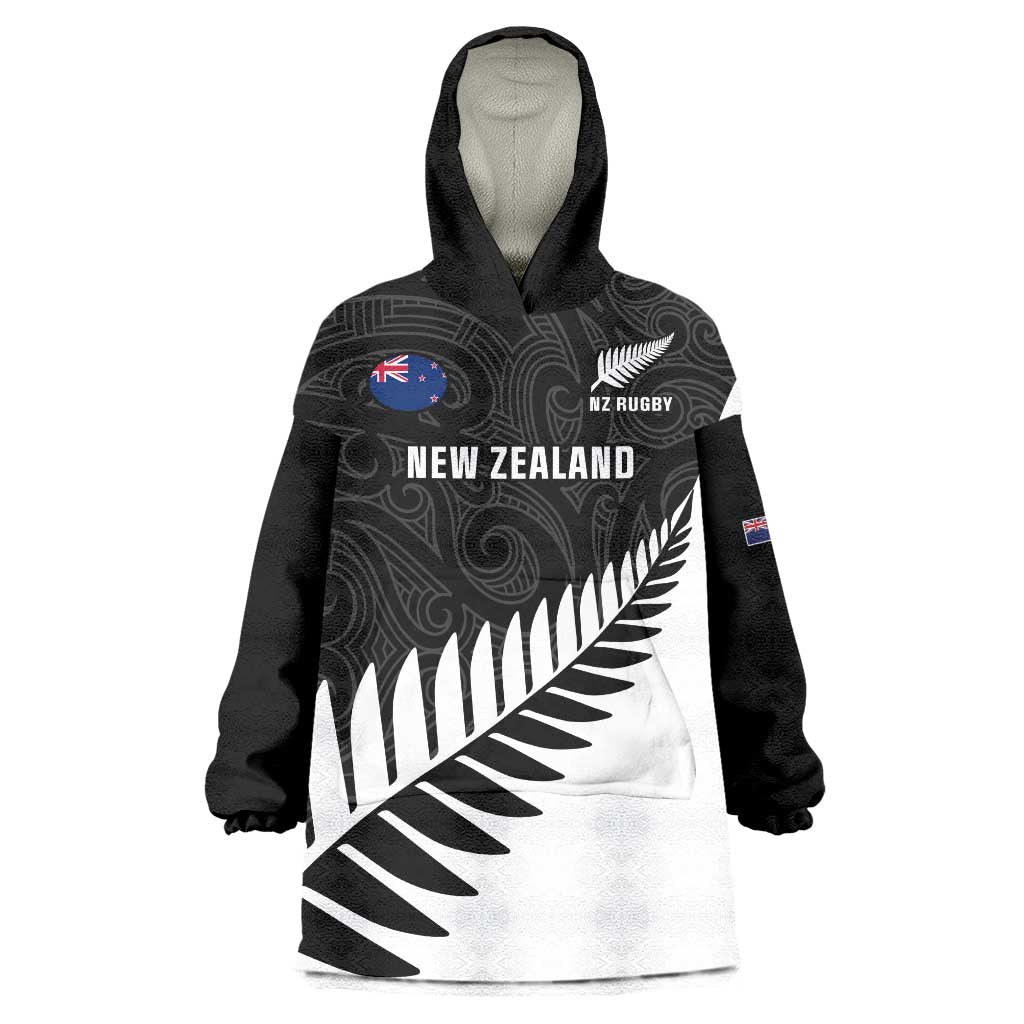 Personalised New Zealand Silver Fern Rugby Wearable Blanket Hoodie All Black Go Champions Maori Pattern LT14