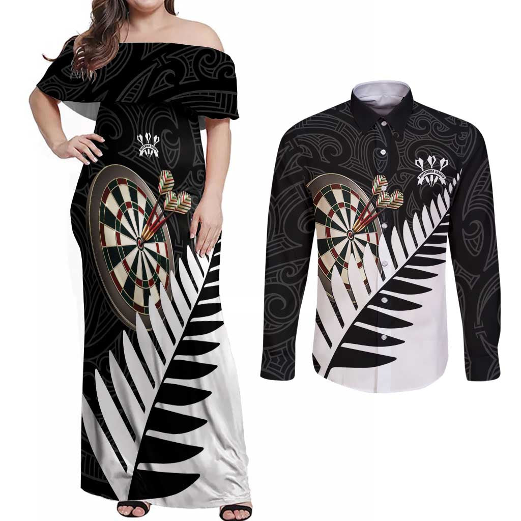 Personalised New Zealand Darts Couples Matching Off Shoulder Maxi Dress and Long Sleeve Button Shirt Silver Fern Aotearoa Maori Pattern - Polynesian Pride