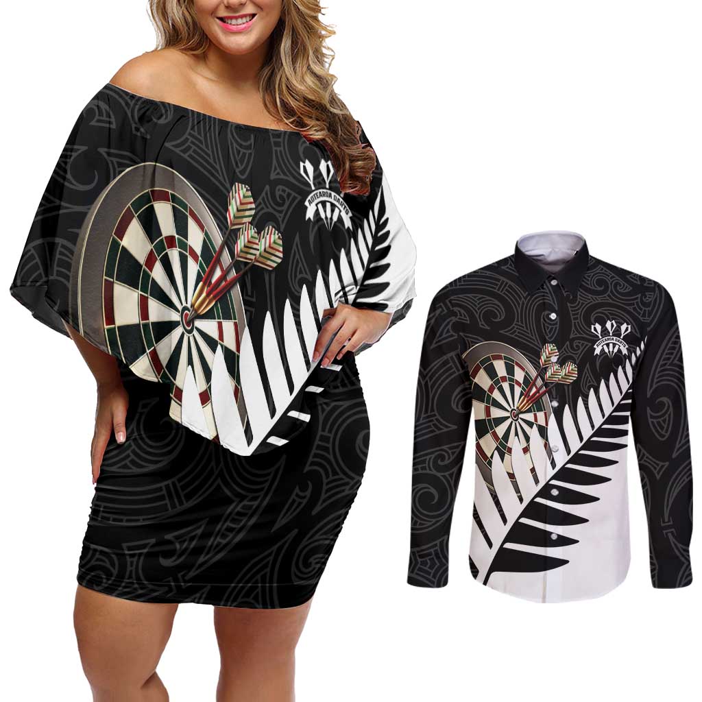 Personalised New Zealand Darts Couples Matching Off Shoulder Short Dress and Long Sleeve Button Shirt Silver Fern Aotearoa Maori Pattern - Polynesian Pride
