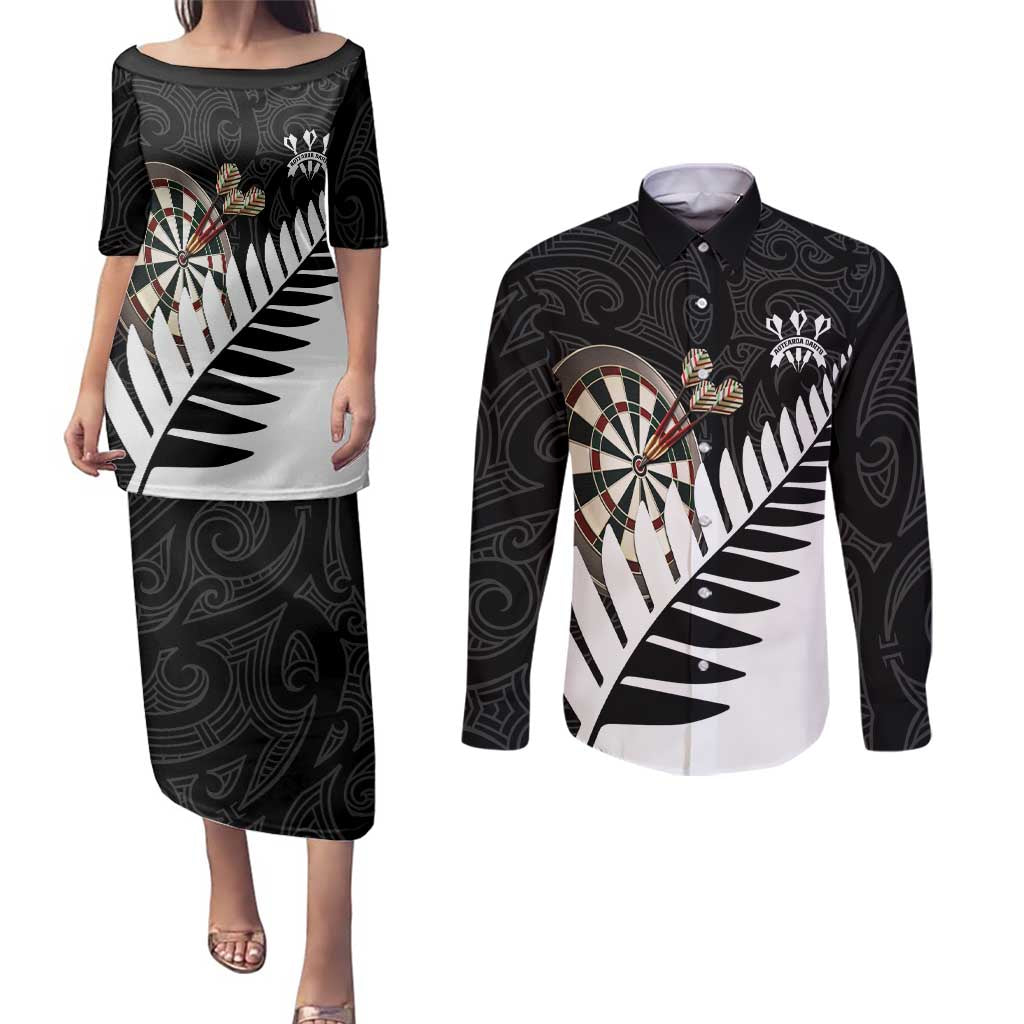Personalised New Zealand Darts Couples Matching Puletasi and Long Sleeve Button Shirt Silver Fern Aotearoa Maori Pattern - Polynesian Pride