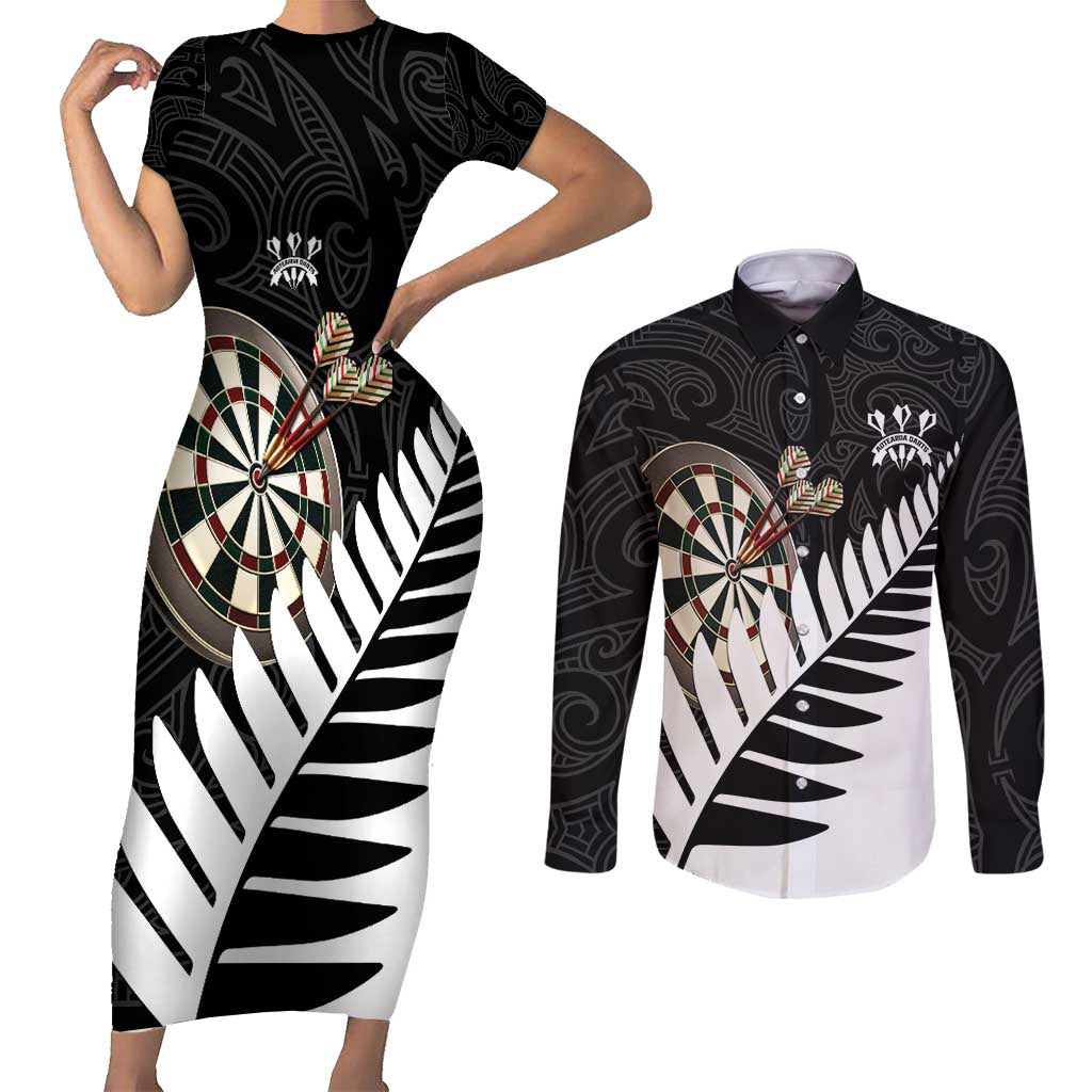 Personalised New Zealand Darts Couples Matching Short Sleeve Bodycon Dress and Long Sleeve Button Shirt Silver Fern Aotearoa Maori Pattern - Polynesian Pride