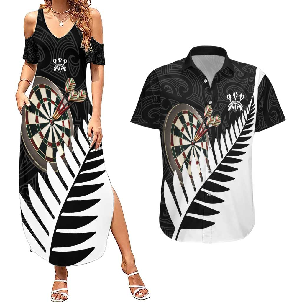 Personalised New Zealand Darts Couples Matching Summer Maxi Dress and Hawaiian Shirt Silver Fern Aotearoa Maori Pattern LT14 Black - Polynesian Pride