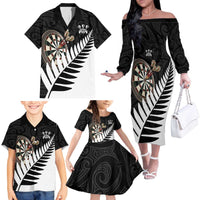 Personalised New Zealand Darts Family Matching Off The Shoulder Long Sleeve Dress and Hawaiian Shirt Silver Fern Aotearoa Maori Pattern - Polynesian Pride