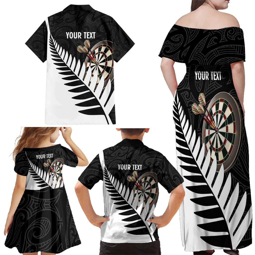 Personalised New Zealand Darts Family Matching Off Shoulder Maxi Dress and Hawaiian Shirt Silver Fern Aotearoa Maori Pattern - Polynesian Pride