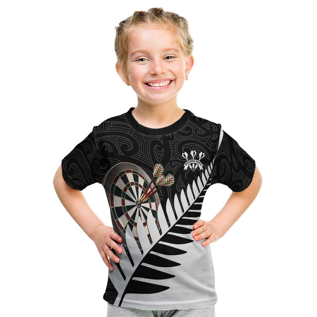 Personalised New Zealand Darts Kid T Shirt Silver Fern Aotearoa Maori Pattern - Polynesian Pride