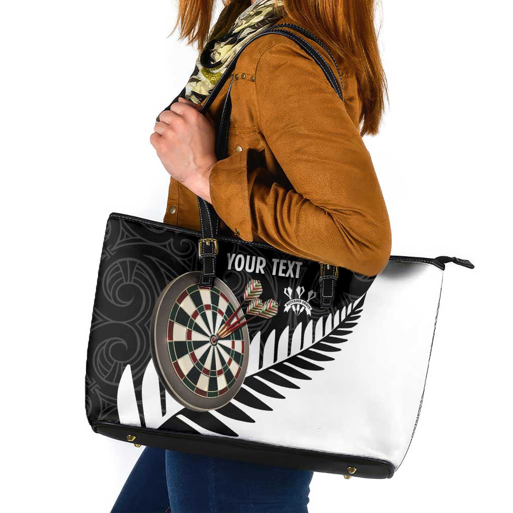 Personalised New Zealand Darts Leather Tote Bag Silver Fern Aotearoa Maori Pattern - Polynesian Pride