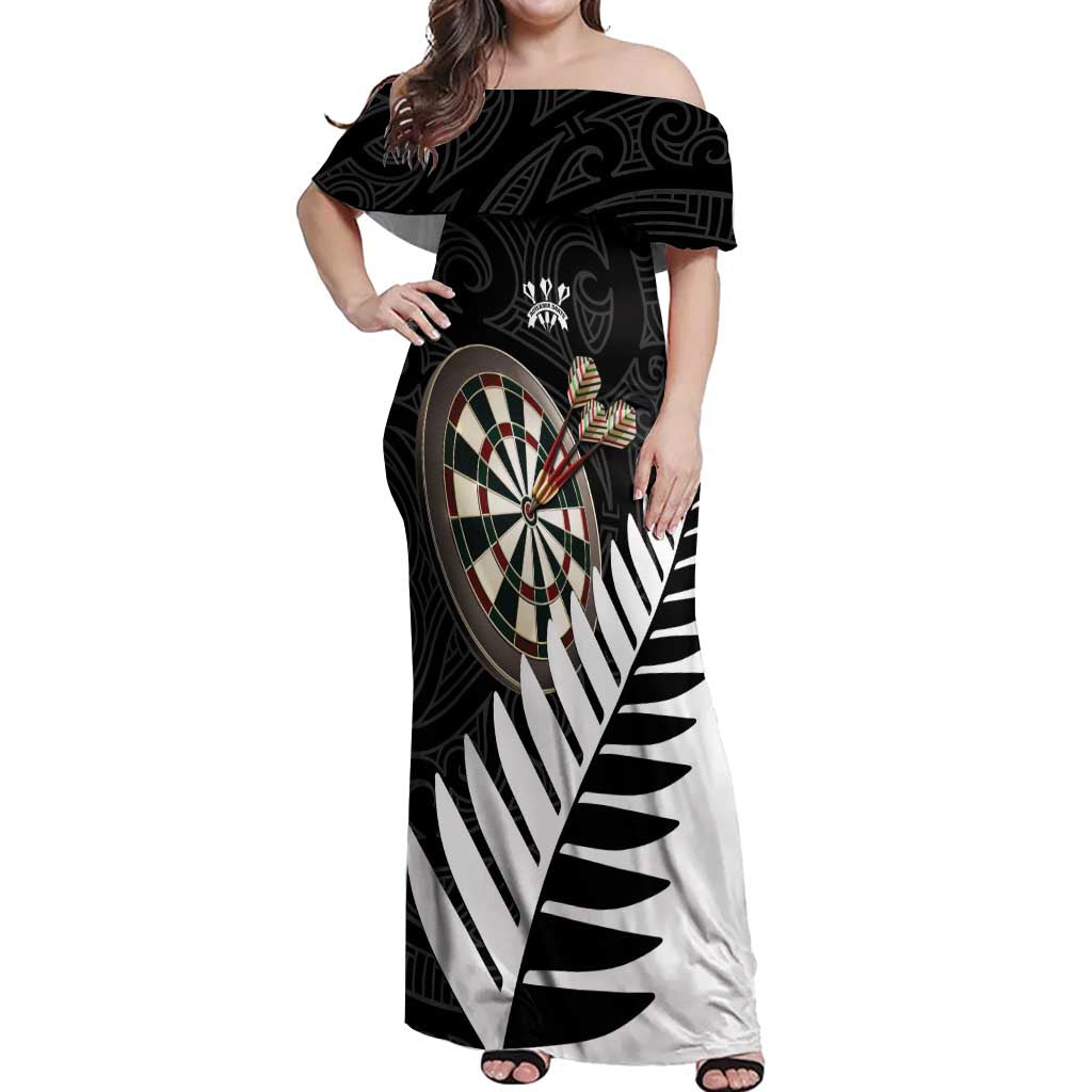Personalised New Zealand Darts Off Shoulder Maxi Dress Silver Fern Aotearoa Maori Pattern - Polynesian Pride
