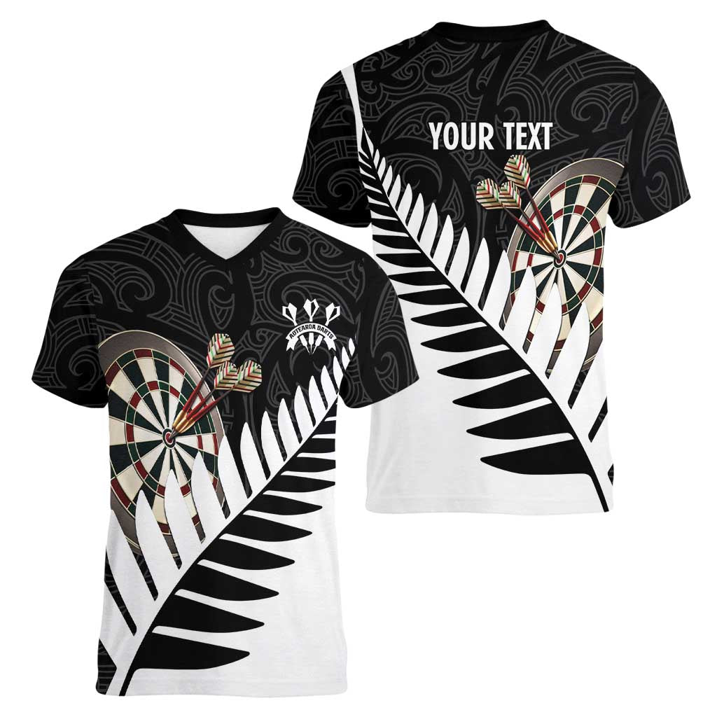 Personalised New Zealand Darts Women V-Neck T-Shirt Silver Fern Aotearoa Maori Pattern - Polynesian Pride
