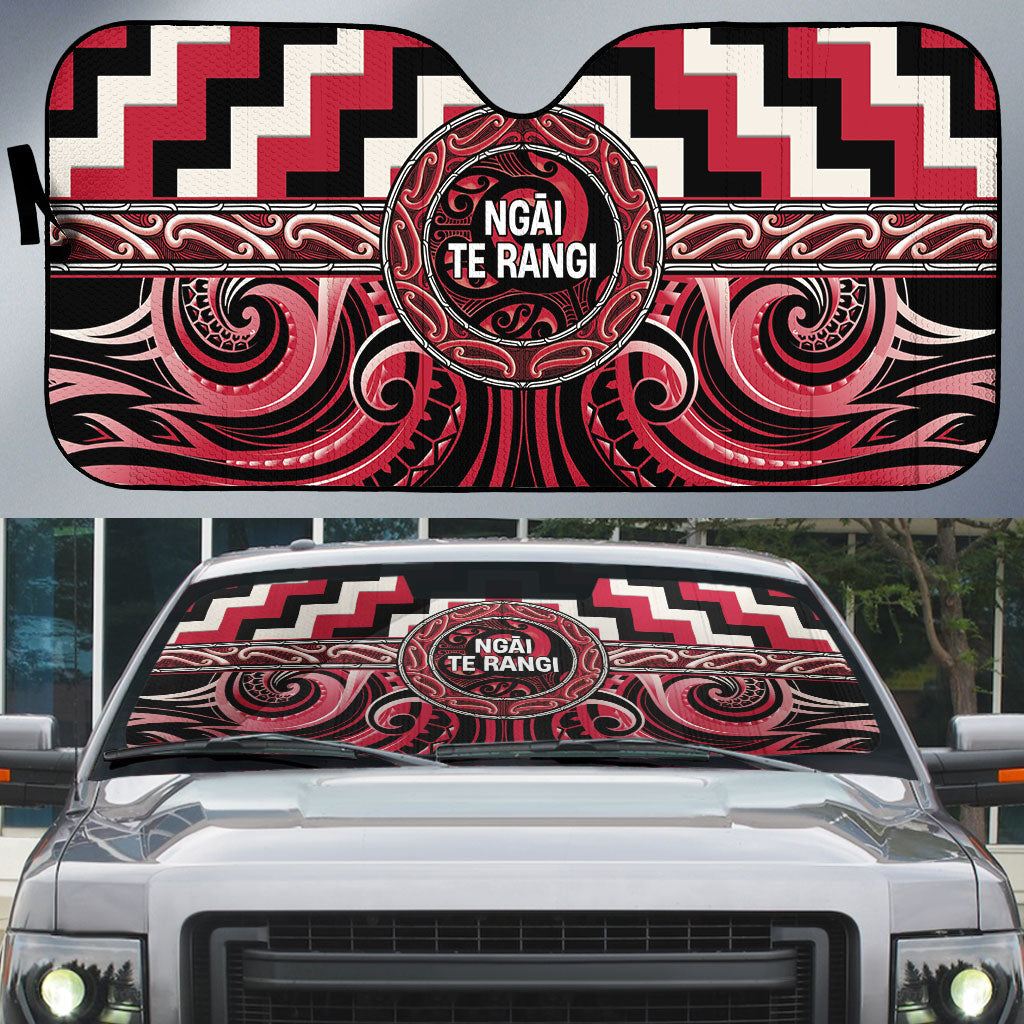 Aotearoa Ngai Te Rangi Auto Sun Shade Maori Iwi Poutama Puhoro Tattoo LT14 Red - Polynesian Pride