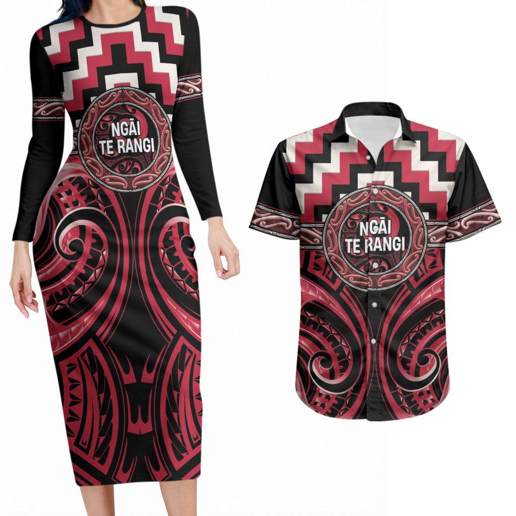 Aotearoa Ngai Te Rangi Personalised Couples Matching Long Sleeve Bodycon Dress and Hawaiian Shirt Maori Iwi Poutama Puhoro Tattoo LT14 Red - Polynesian Pride