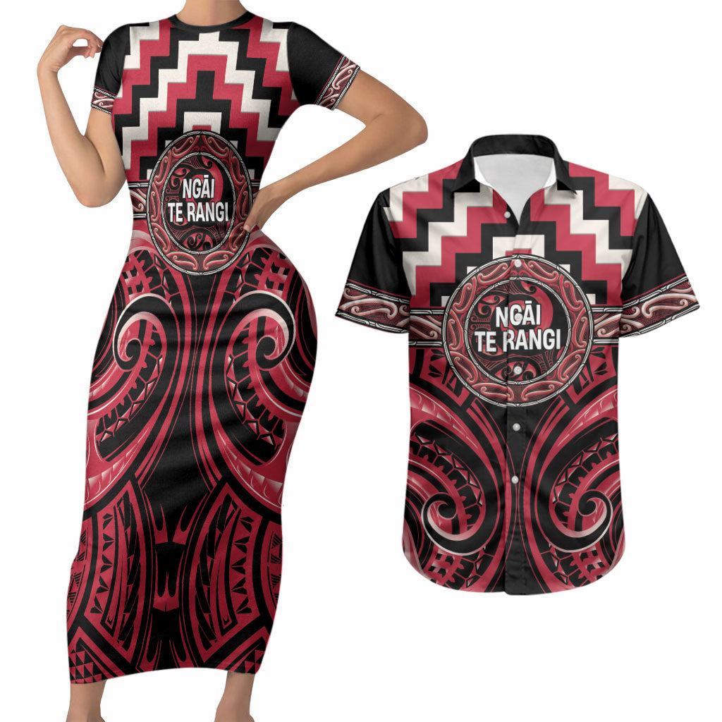 Aotearoa Ngai Te Rangi Personalised Couples Matching Short Sleeve Bodycon Dress and Hawaiian Shirt Maori Iwi Poutama Puhoro Tattoo LT14 Red - Polynesian Pride