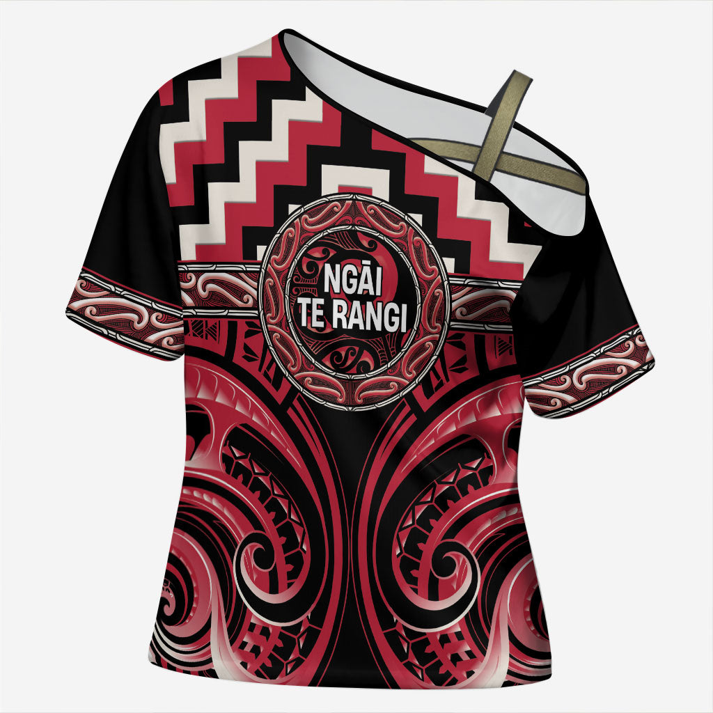 Aotearoa Ngai Te Rangi Personalised Cross Shoulder Shirt Maori Iwi Poutama Puhoro Tattoo LT14 Female Red - Polynesian Pride