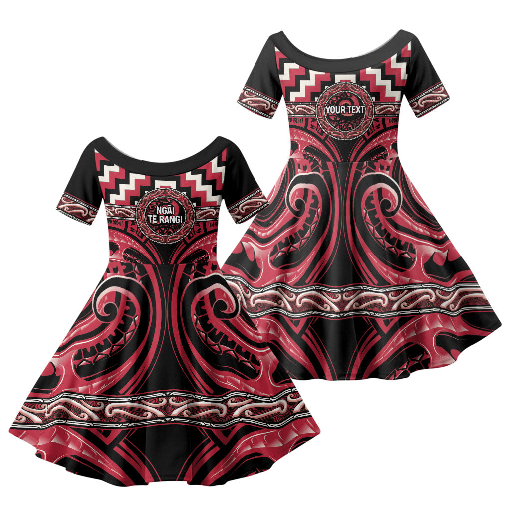 Aotearoa Ngai Te Rangi Personalised Family Matching Long Sleeve Bodycon Dress and Hawaiian Shirt Maori Iwi Poutama Puhoro Tattoo LT14 Daughter's Dress Red - Polynesian Pride