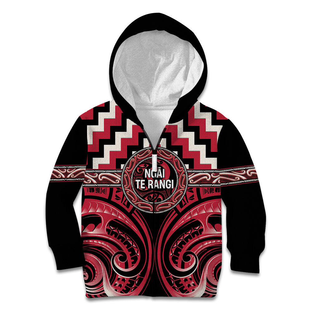 Aotearoa Ngai Te Rangi Personalised Kid Hoodie Maori Iwi Poutama Puhoro Tattoo LT14 Zip Hoodie Red - Polynesian Pride