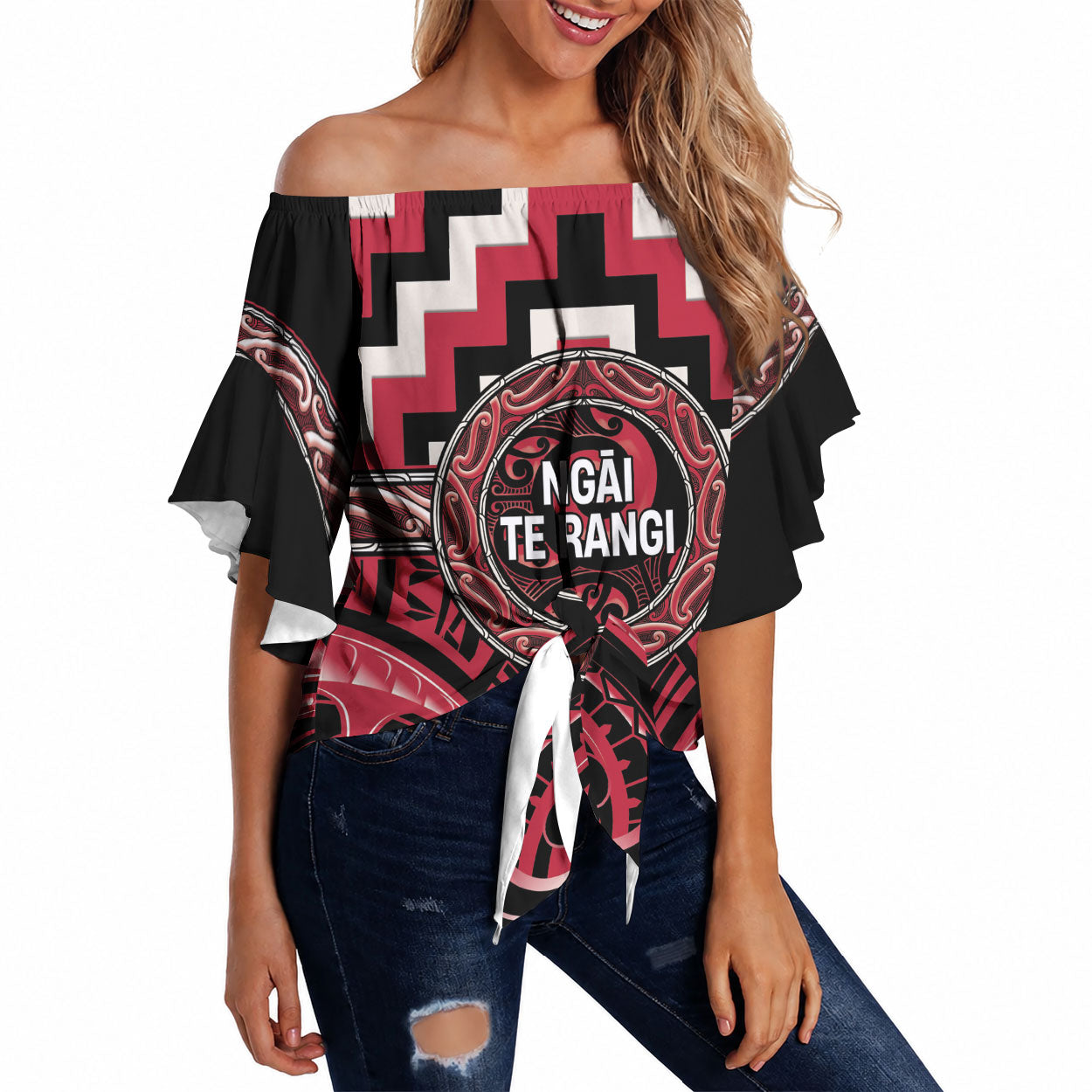 Aotearoa Ngai Te Rangi Personalised Off Shoulder Wrap Waist Top Maori Iwi Poutama Puhoro Tattoo LT14 Red - Polynesian Pride