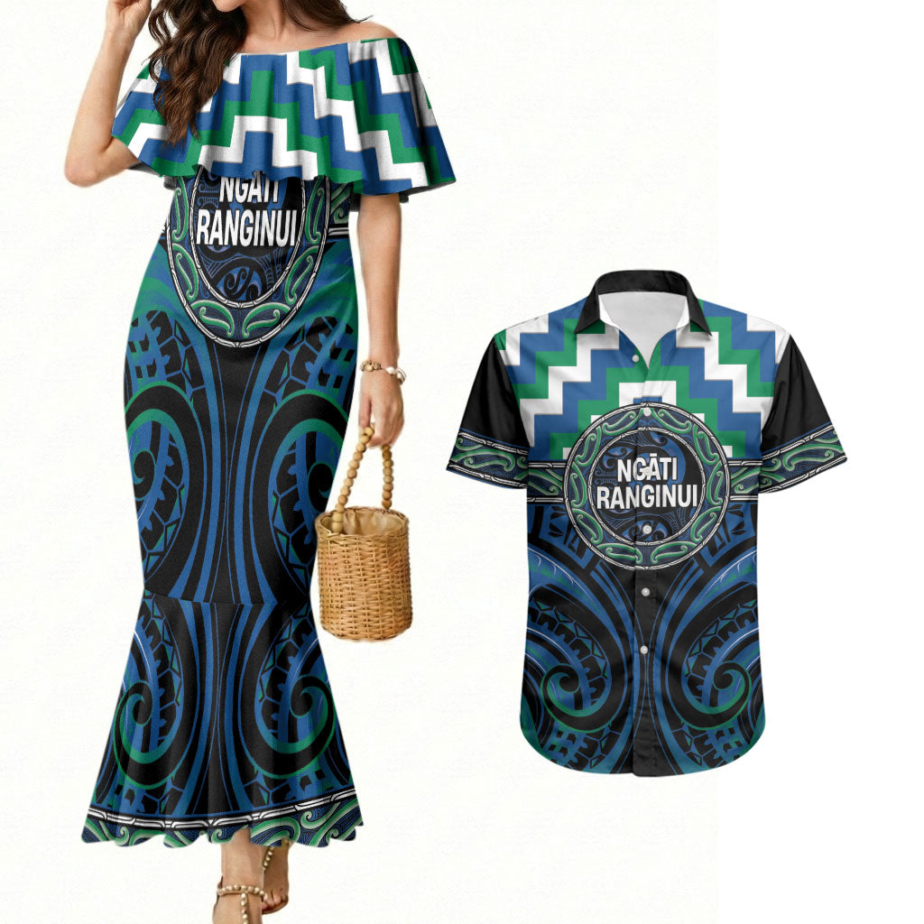 Aotearoa Ngati Ranginui Personalised Couples Matching Mermaid Dress and Hawaiian Shirt Maori Iwi Poutama Puhoro Tattoo LT14 Green - Polynesian Pride