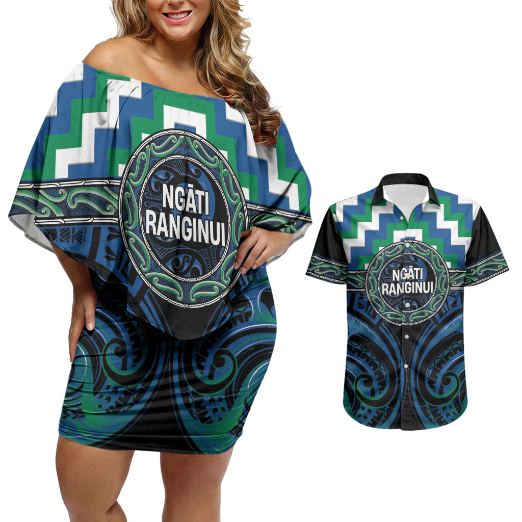Aotearoa Ngati Ranginui Personalised Couples Matching Off Shoulder Short Dress and Hawaiian Shirt Maori Iwi Poutama Puhoro Tattoo LT14 Green - Polynesian Pride