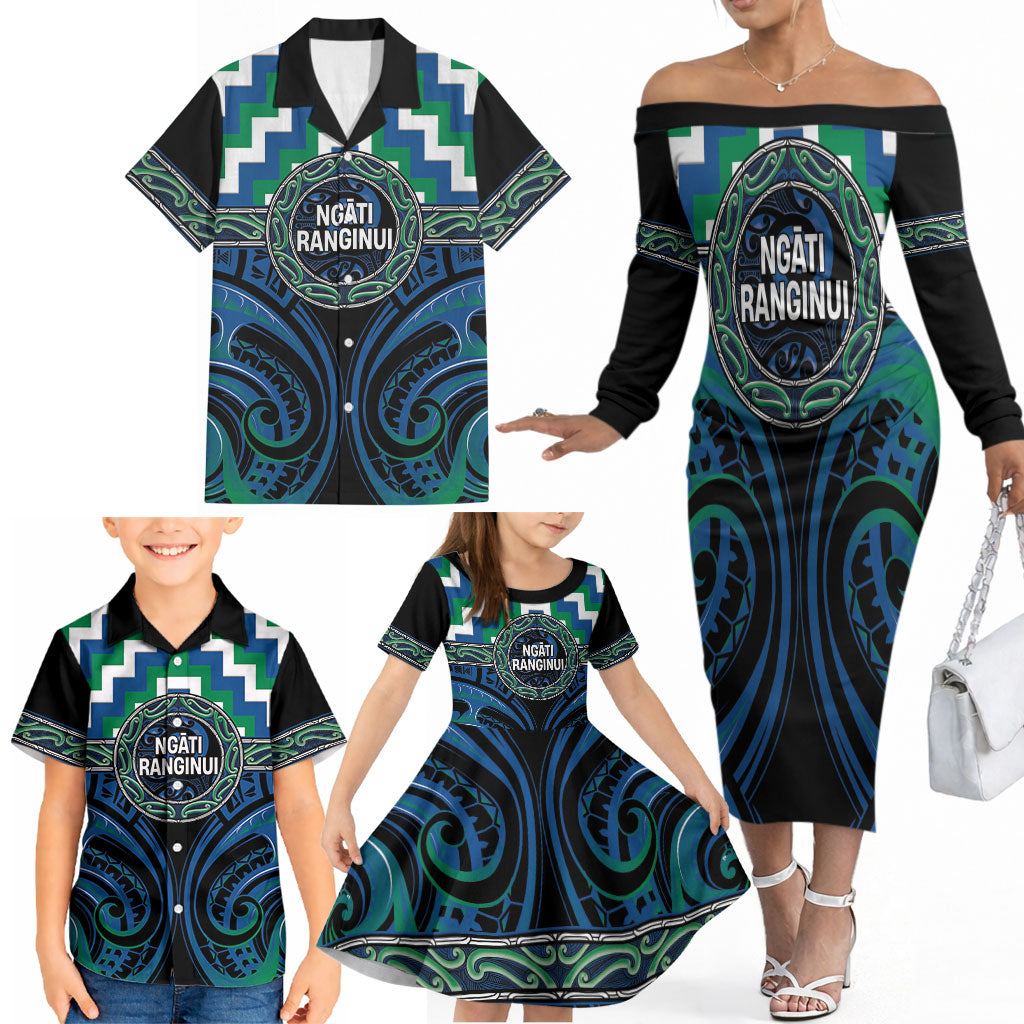 Aotearoa Ngati Ranginui Personalised Family Matching Off The Shoulder Long Sleeve Dress and Hawaiian Shirt Maori Iwi Poutama Puhoro Tattoo LT14 - Polynesian Pride