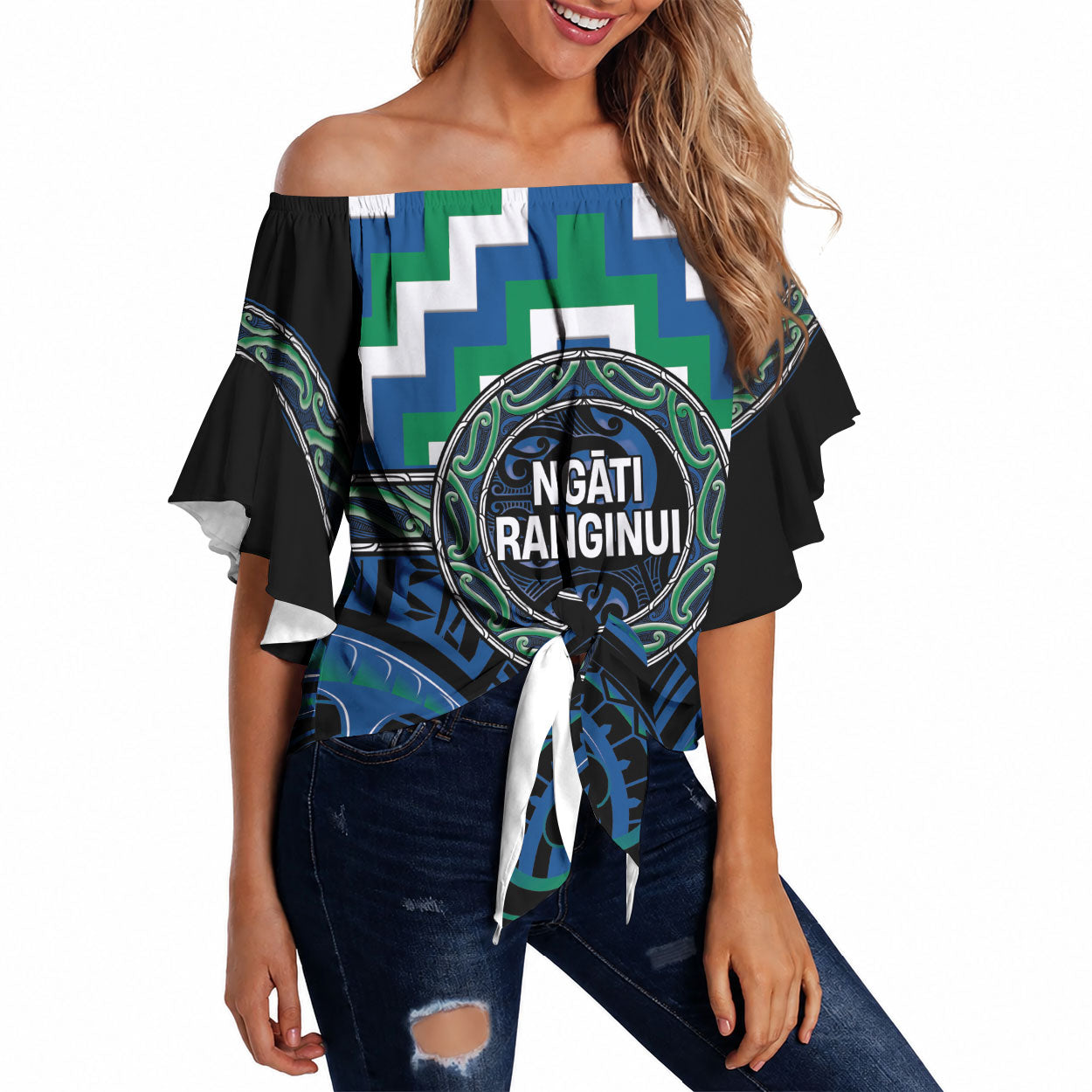 Aotearoa Ngati Ranginui Personalised Off Shoulder Wrap Waist Top Maori Iwi Poutama Puhoro Tattoo LT14 Green - Polynesian Pride